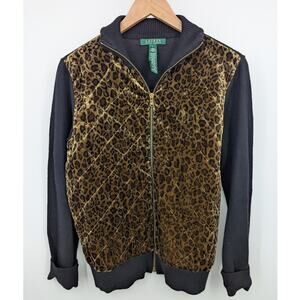 Lauren Ralph Lauren Leopard Print Quilted Velvet Zip Large Jacket Y2K Classic